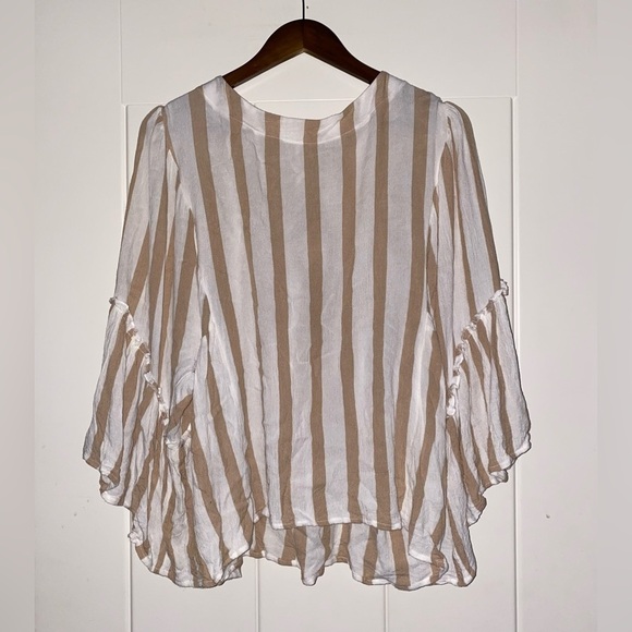 Maurice’s Stripe Peasant‎ Blouse Flutter Sleeve Khaki Beige Women XL Office Work - Picture 6 of 9